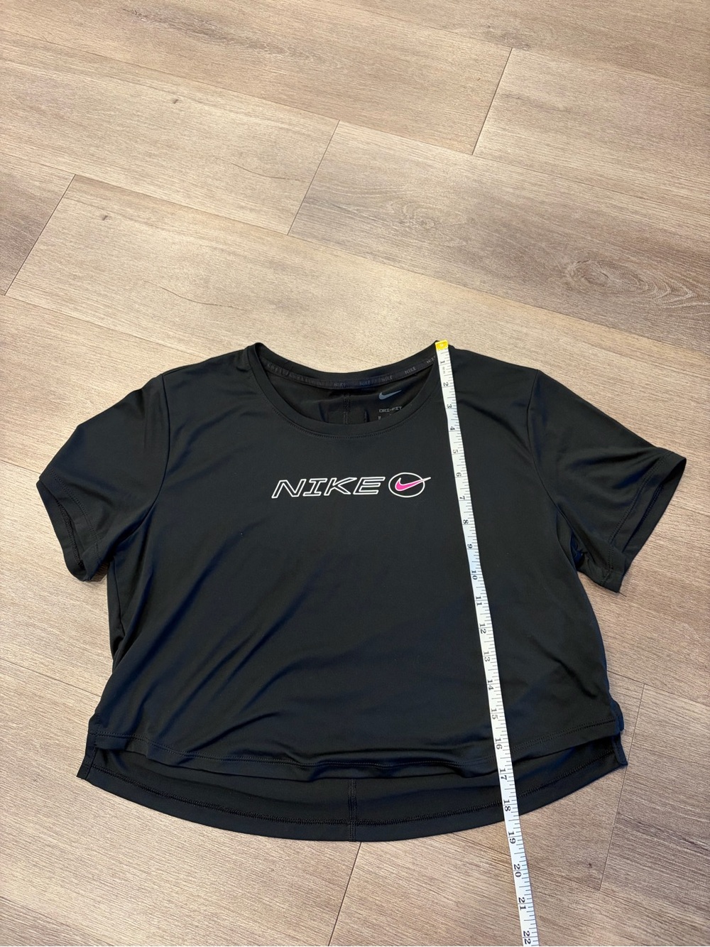 Nike Black Short-Sleeve Cropped Logo Tee with Pink Swoosh
